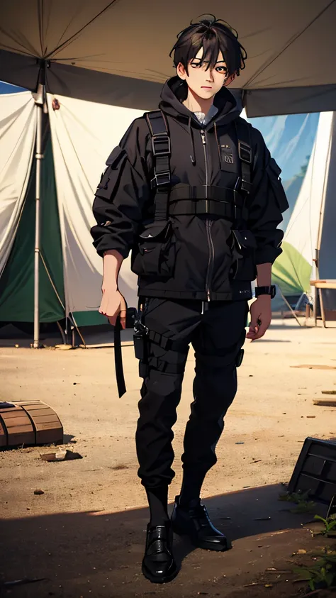 （masterpiece、top quality、Very Detailed）、super high resolution、Front in the center、Upright、Full Body、looking at the camera、 male、Two blocks of 73、dark haired、camping clothes、Tactical style 、Simple Backgrounds