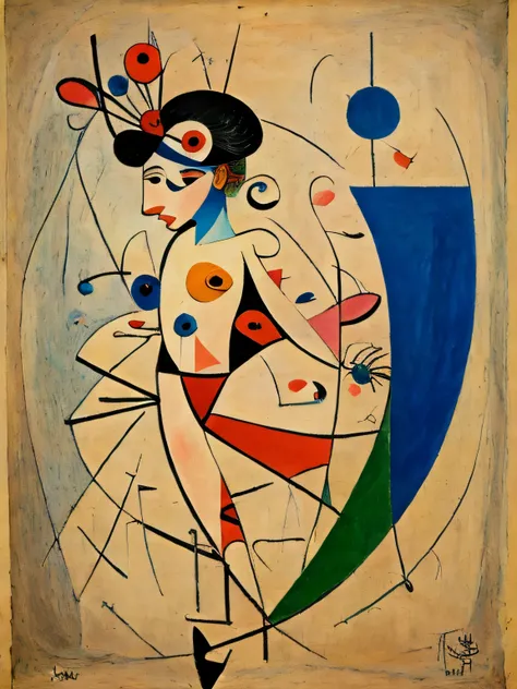 Joan miró artwork, expresionism, artistic composition, expresionism, drawing style, circle, lines, square, triangle, flowers, minimalistic, muted colors, ballet dancer
