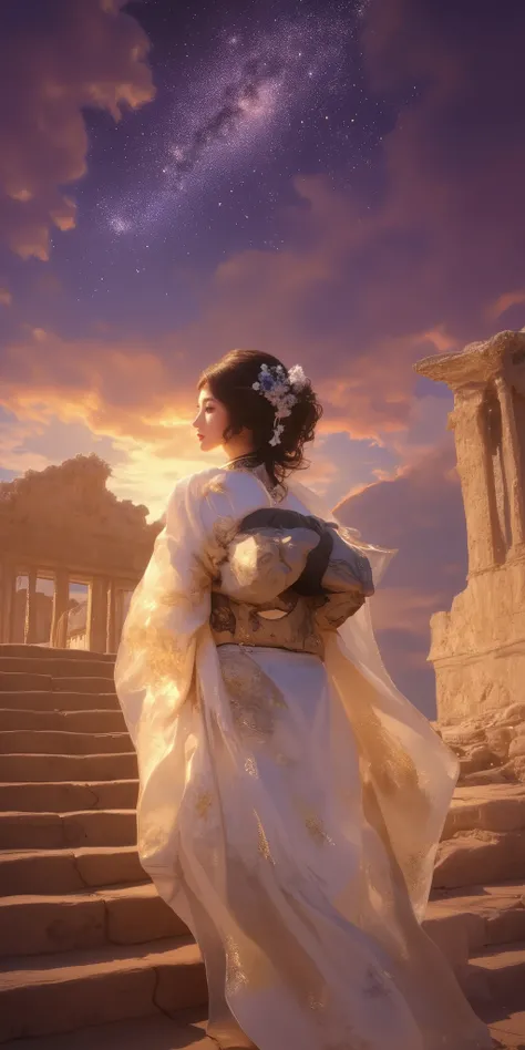 A woman wearing a Japanese kimono is climbing the steps of an ancient Roman temple、Glowing white and gold kimono、look back、Detailed black eyes、black hair、wavy hair up to the waist、Long staircase、Strong winds、dark purple starry sky、Sand Dust、Super wide angl...