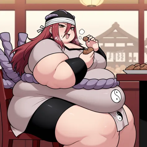 masterpiece, best quality, crsdrrm, red hair,  long bangs, hair between eyes, long hair, black eyeliner, brown eyes,  black hat, bandaged head, grey tunic, shimenawa, bracer, bike shorts,  short sleeves, hat ornament,  yin yang print,  1girl, solo, indoor,...