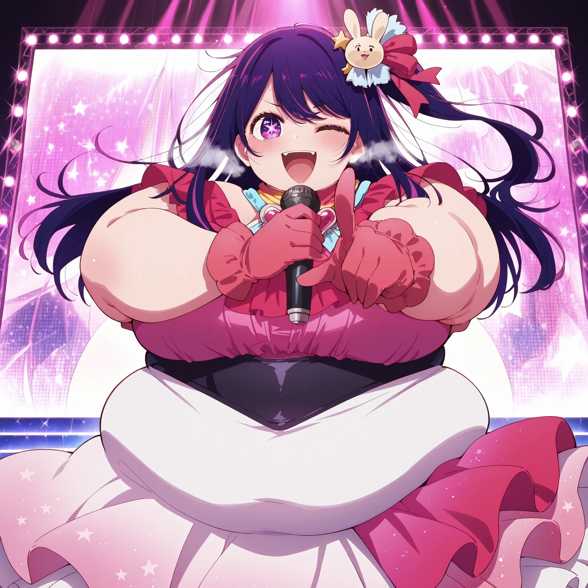 masterpiece,best quality, Super Detail, highest quality,amazing quality, hoshino ai, purple hair, purple eyes, long hair, symbol-shaped pupils, star-shaped pupils, star (symbol), 1girl, microphone, one eye closed, gloves, solo, holding microphone, hair orn...
