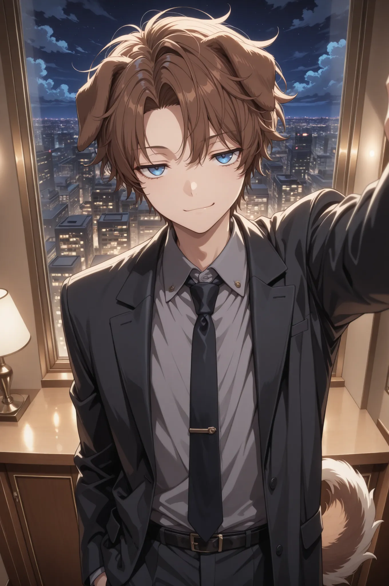 (masterpiece, detailed:1.2), 1girl, animal ears, animal tail, arm up, bishounen, black coat, black necktie, blue eyes, brown hair, cityscape, cloud, coat, collared shirt, curtained hair, dog ears, dog girl, dog tail, floppy ears, formal attire, grey shirt,...