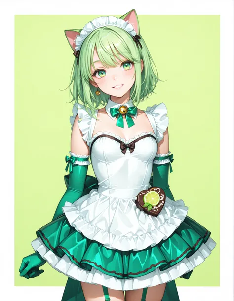 Cat Ear Maid,Mini maid dress with a color scheme like mint and chocolate, Lime Green Hair, Lime green bow tie,lime green long gloves,looking at me,tilt your neck slightly and smile