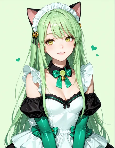 Cat Ear Maid,Mini maid dress with a color scheme like mint and chocolate, Lime Green Hair, Lime green bow tie,lime green long gloves,looking at me,tilt your neck slightly and smile
