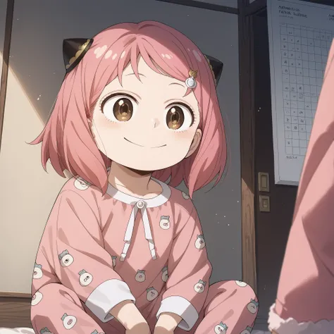 score_9, score_8_up, score_7_up, score_6_up, score_5_up, score_4_up,(anime coloring, anime screen capture), Anya_(spy_X_Family),pink hair with long n sleeves,hair ornament,(oversized pajamas),sitting, Pull Your Knees to Your Chest ,smile,cowboy shots,my ro...