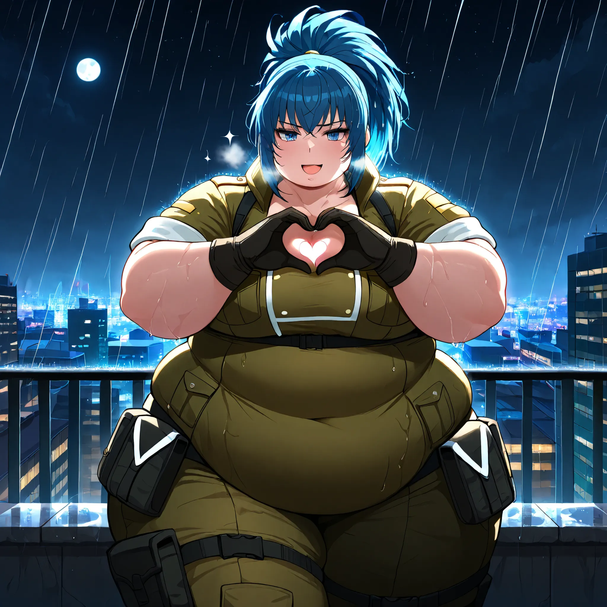 masterpiece, best quality, 1girl, solo, looking at viewer, Leona Heidern, blue hair, blue eyes, ponytail,, , outdoors, rooftop, cityscape, building, (rain), , , cowboy shot, soldier outfit, night, starry sky, wet clothes, wet, wet hair, moon, city lights, ...