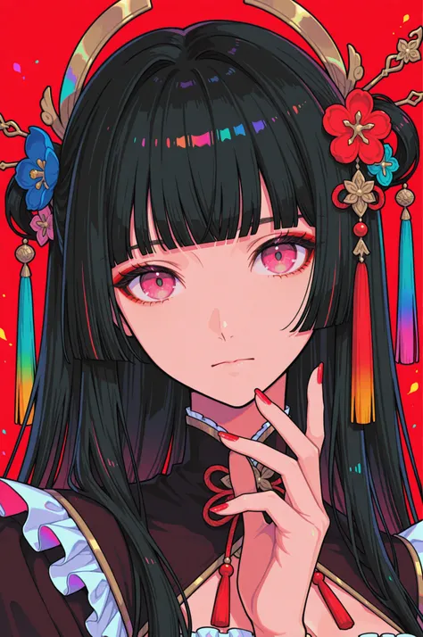 
woman, solo, red nails, looking at viewer, bangs, pink eyes, long hair, black hair, hair ornament, hand up, flower, blunt bangs, closed mouth, tassel, ribbon, portrait, colorful, red background, frills, multicolored hair, upper body,