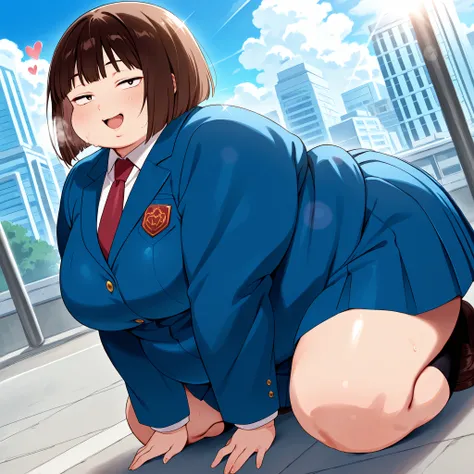 score_9, score_8_up, score_7_up, score_6_up, score_5_up, score_4_up, source_anime, rating_safe, BREAK  mitsumi, 1girl, brown hair, bob cut, (sanpaku), (brown eyes:0.5), small breasts, blue blazer, white shirt, red necktie, blue skirt, pleated skirt, standi...