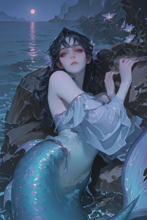 (only one male merman) An adult fish man likes femboy style, nửa thân dưới là sparkly fish tail trong nước, slim body , blue eyes, long black male hair drooping in the water, pale skin, fish scales rách rưới , gold jewelry in flower shape in hair,  Night s...