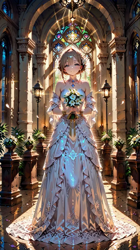 ((Best quality, 8k, Masterpiece: 1.3)), Sharp focus A beautiful woman with perfect body, Slim abdomen, A bride in a princess-line wedding dress standing at a sunlit wedding venue, holding a bouquet in her hands. Her hair is elegantly tied up, and she shows...