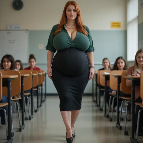 Beautiful teacher,  mature woman (((40 YEARS))). ((pregnant)) proudly and confidently walking through the classroom,  white-skinned woman, beautiful face,  Red haired messy very long hair, profiled nose, voluptuous body, woman with generous curves , hourgl...