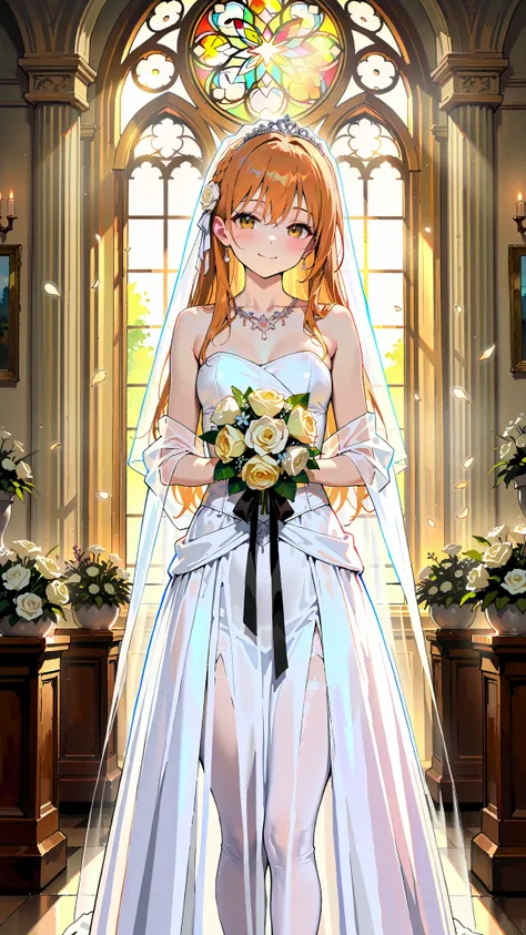 ((Best quality, 8k, Masterpiece: 1.3)), Sharp focus A beautiful woman with perfect body, Slim abdomen, A bride in a princess-line wedding dress standing at a sunlit wedding venue, holding a bouquet in her hands. Her hair is elegantly tied up, and she shows...