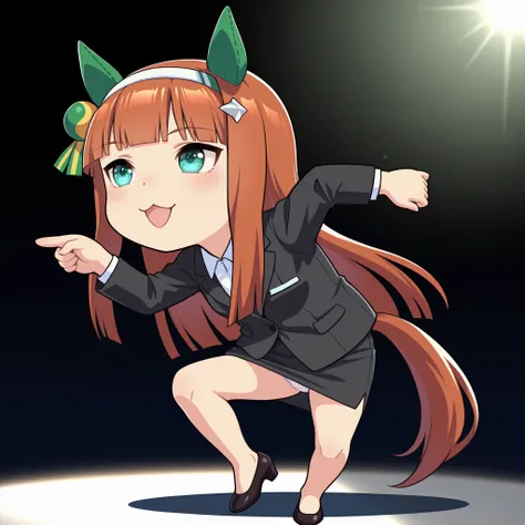 chibi, pointing, standing on one leg, :3, open mouth, meme, parody, simple background, white background, full body, (office lady, suit), studio lighting, ultra-fine painting, vivid colors, sharp focus, extreme detail, professional with delicate underwear, ...