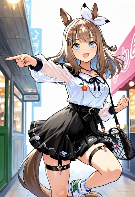 chibi, (masterpiece, best quality, perfect face:1.4), wide angle, almond eye \(umamusume\), white hair ornament, horse ears, horse tail, tail on the lower back, proportional body, proportional,1 girl, beautiful hair, beautiful face, beautiful detailed eyes...