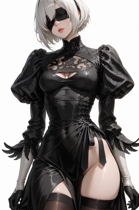 1girl, solo, white background, white hair, short hair, black blindfold, black dress, thigh slit, black gloves, puffy sleeves, black thighhighs, nier2Bdef <lora:Nier_YorhaN2-PONY:0.7>, score_9, score_8_up, score_7_up, score_6_up,ビルの上から、廃墟になった東京を見下ろしている、折れた東京タワー、折れたスカイツリー、高詳細