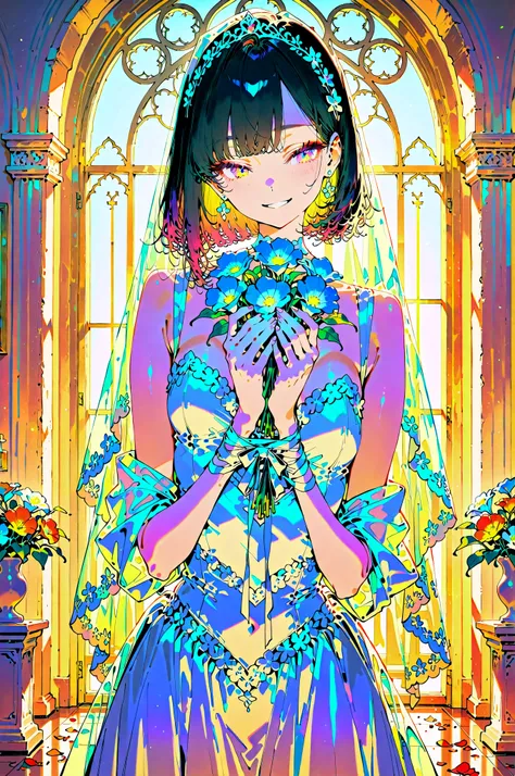 ((Best quality, 8k, Masterpiece: 1.3)), Sharp focus A beautiful woman with perfect body, Slim abdomen, A bride in a princess-line wedding dress standing at a sunlit wedding venue, holding a bouquet in her hands. Her black hair is elegantly tied up, and she...