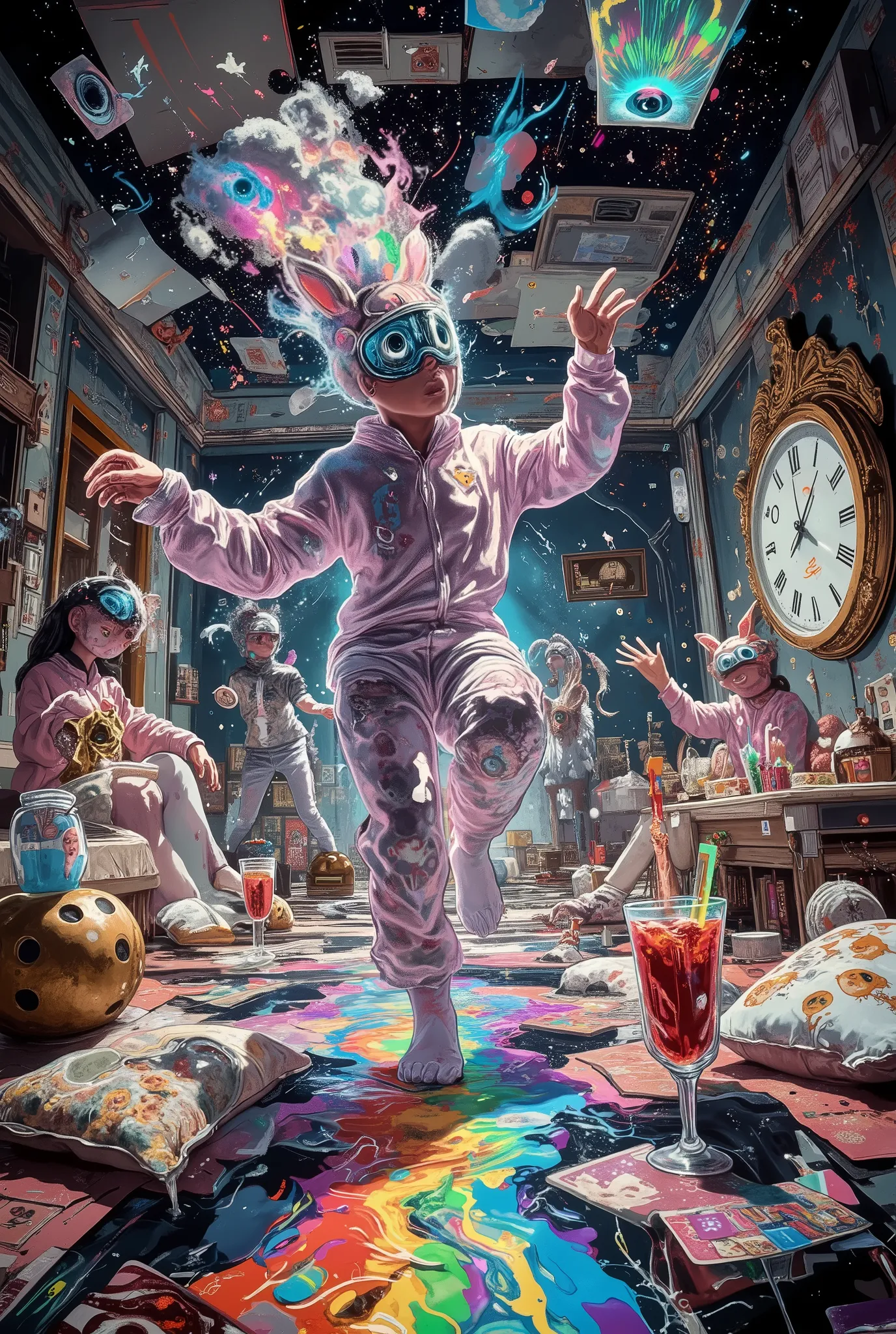 A vivid fantasy-style artwork depicting a central character actively dancing at a psychedelic pajama party with a touch of surrealism and distorted reality. A giant room distorted by perspective, with walls stretching endlessly into perspective, covered wi...
