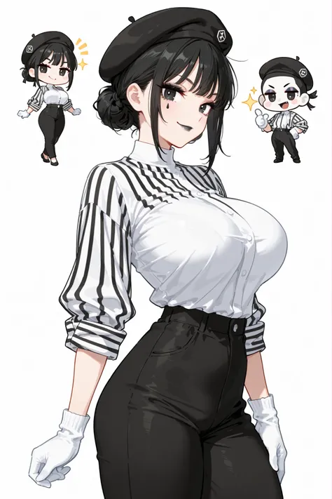 (chibi), high quality, detailed, white background, masterpiece, three-quarters shot, best quality, amazing quality, highres, BREAK, 1girl, slim and curvy body, wide shoulders, large breasts, thick thighs, black eyes, black hair tied in a low bun, wearing b...