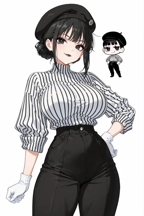 (chibi), high quality, detailed, white background, masterpiece, three-quarters shot, best quality, amazing quality, highres, BREAK, 1girl, slim and curvy body, wide shoulders, large breasts, thick thighs, black eyes, black hair tied in a low bun, wearing b...