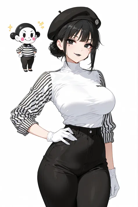 (chibi), high quality, detailed, white background, masterpiece, three-quarters shot, best quality, amazing quality, highres, BREAK, 1girl, slim and curvy body, wide shoulders, large breasts, thick thighs, black eyes, black hair tied in a low bun, wearing b...