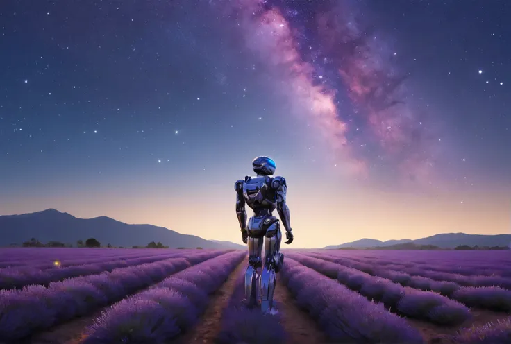 A humanoid robot with a sleek, futuristic metallic body, standing alone in a vast lavender field at night. The robot carries a small backpack, looking up at a breathtaking starry sky filled with shooting stars and a vivid, colorful Milky Way galaxy. The at...