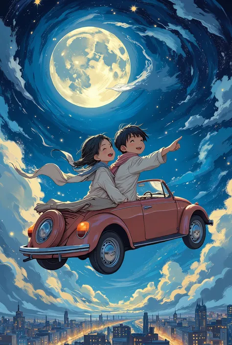 anime style, a boy and a girl in pajamas riding in a flying open-top convertible car, soaring through the night sky over a glowing cityscape, both laughing joyfully, the girl’s hair and the boy’s scarf fluttering in the wind, the boy pointing up at the glo...