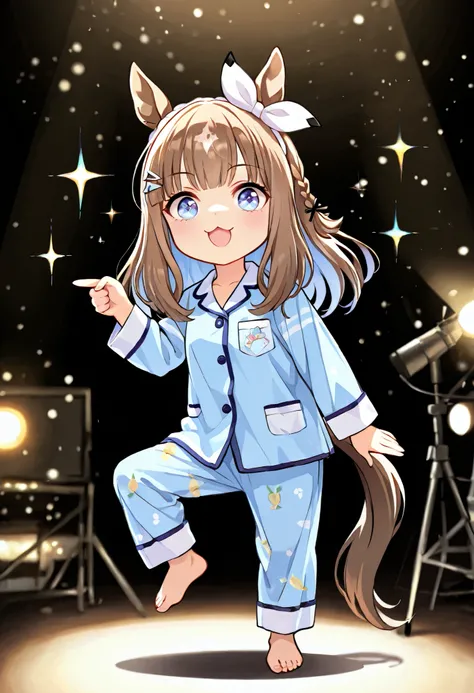 chibi, (masterpiece, best quality, perfect face:1.4), wide angle, almond eye \(umamusume\), white hair ornament, horse ears, horse tail, tail on the lower back, proportional body, proportional,1 girl, beautiful hair, beautiful face, beautiful detailed eyes...
