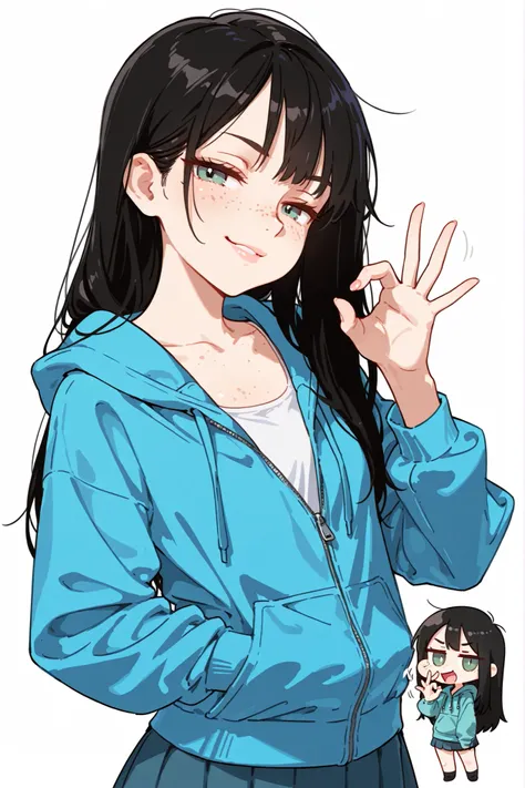 (chibi), high quality, detailed, white background, masterpiece, best quality, amazing quality, highres, BREAK, 1girl, fair skin, slim body, green eyes, straight black long hair, freckles, lush lips, smirking, sly, narrowed eyes, wearing tank top, zip-up ho...
