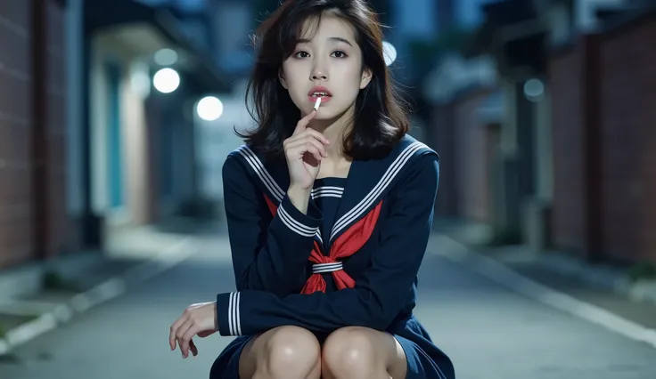 A high resolution photograph of a young Japanese woman. 
She wears a sailor suit with long-sleeve navy-blue top, navy blue collar with white stripes, red neckerchief and navy-blue pleated skirt as school uniform. 
She has wavy medium length glossy black ha...