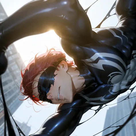 masterpiece, best quality, ultra-detailed, newest, muscular body, mature face, face focus upper body, from below, daytime, urban background blurred, realistic lighting, 1man, solo, short messy red hair, black blindfold covering the eyes, confident faint sm...