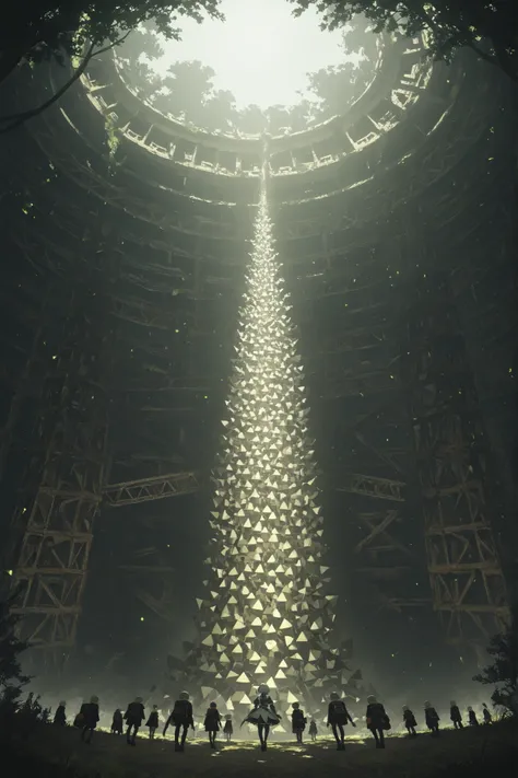 scenery, nierscene, View from a distance, treetop village, 2B and 9S walking on a high platform, many Machine Lifeforms all around them, machines in various humanoid shapes, characters are small in view
