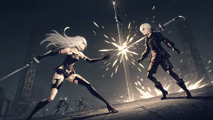 9s,white hair,choker,a2_\(nier:automata\),scenery, nierscene, in a bright space, YorHA 9S fighting A2, fighting each other, holding sword tightly, sword fighting, epic fight, lit from behind, swords clashing, sparks flying from swords, scowling, Dutch angl...