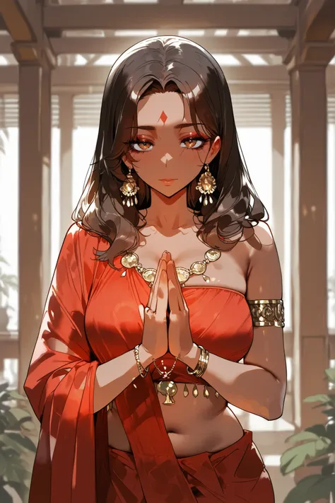 a beautiful brown indian woman, dark silky hair, dark eyelines, wearing a red saree, hot milf, soft. (Indian woman) (Wearing an indian saree) (hand joined together, praying position)