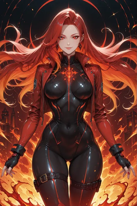 ((masterpiece, best quality, anime style, ultra-detailed)), 1girl, solo, Hell Empress, –27, tall sexy curvy build, very long crimson red hair:1.6, deep red eyes:1.4, sultry confident smile, light brown skin:1.3, sleek black-crimson-red bodysuit:1.6, croppe...