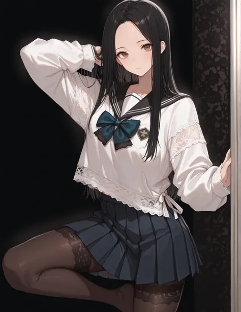 Shelley Gee, (masterpiece, top quality, High precision in selection: 1.2), , Alone, (masterpiece, best quality:1.2), baltolomeobari , Kiyomi , (1girl, solo), (long black hair, STRAIGHT HAIR, Forehead), brown eyes, (Serofu, lace fabricセーラー服)、bow tie、cowboy...