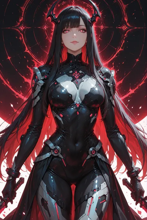 ((masterpiece, best quality, anime style, ultra-detailed)), 1girl, solo, Etherblade Sister, –26, tall graceful mature build, very long straight black hair with silver sheen:1.6, calm red eyes:1.4, composed gentle smile, fair skin:1.3, sleek black and silve...