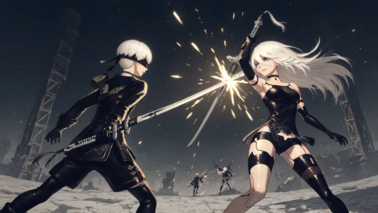 9s,white hair,choker,a2_\(nier:automata\),scenery, nierscene, in a bright space, YorHA 9S fighting A2, fighting each other, holding sword tightly, sword fighting, epic fight, lit from behind, swords clashing, sparks flying from swords, scowling, Dutch angle