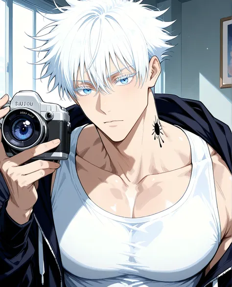 Satoru Gojo,adult, jujutsu kaisen, white hair, short hair, ((hair between eyes)), colored eyelashes, white eyelashes, blue eyes, intricate eye iris, detailed eyes, muscular male, sexy man, handsome man, handsome face, holding a camera, tattoos on his neck ...