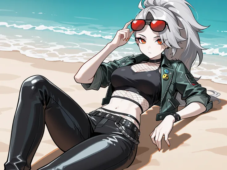 woman, , dark green leather short jacket with rolled up sleeves, black cropped shirt, and black leather pants on, fishnets, orange eyes, sunglasses, human loona, digital anime style, zenless zone zero style, beach background