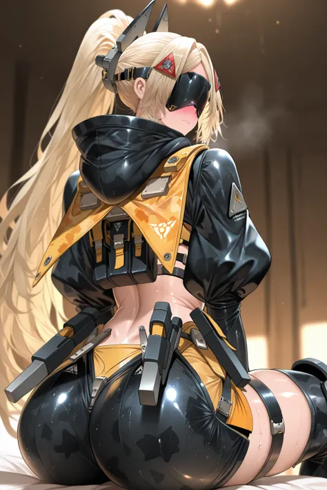 tr1gg3r, covered eyes, blonde hair, parted bangs, hair intakes, long hair, ponytail, triangle hair ornament, headgear, black blindfold,yellow cape, grey chest guard, pouch, black jacket, cropped jacket, hooded jacket, camouflage jacket, juliet sleeves, harness, multiple straps, camouflage pants, two-tone pants, black pants, yellow pants, thigh strap, knee pads, black gloves, fingerless gloves,dishwasher1910,  high detail, High Quality ,masterpiece,no text,Quality Highlights ,(masterpiece, Best Quality ,very pretty ), solo , 1 Girl ,masterpiece,beauty,cute ,((((( shiny ))))) ,flat breast  , fully face blush, seductive body , random sexy pose, wet , sweat ,steam, from behind, from back, lower body , thick ass,thick thigh ,  sitting on top