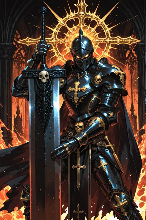 1boy, solo, knight, male_focus, dark fantasy, gothic theme,
heavily armored, intricate armor design, dark gray and black armor, gold accents, adorned with skulls and crosses, helmet with visor, shoulder armor, gauntlets, pauldrons, breastplate, cape,
holdi...