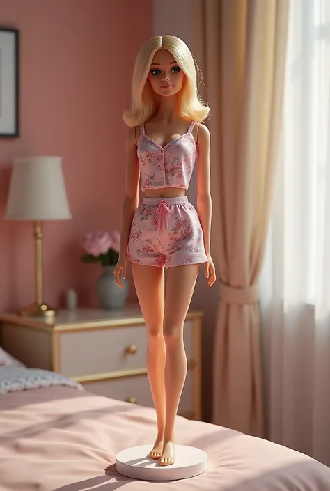 A hyper-realistic professional figure photography scene featuring an adult-style Barbie doll with semi-long blonde hair, standing elegantly on a smooth display base placed on a bedroom vanity. She is dressed in cute, floral-patterned pajamas, posed with re...