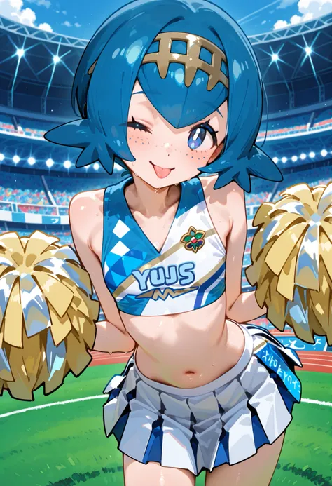 <pokemon-lana>, blue hair, freckles, hairband,  white pupils,  bright pupils、Stadium、cheerleader clothes、skirt。yellow PomPom。Smile Yan。closed mouth。tongue、Close One Eye、stretch your arms、skirt、Small Body
