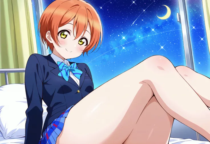 1girl, hoshizora rin, striped, short hair, blush, otonokizaka school uniform, lovelive_rin black blazer, blue plaid skirt, blue stripe bowtie, orange hair, very short hair, hair between eyes, yellow green eyes,smile,thick thighs,crescent moon, stars (sky),...