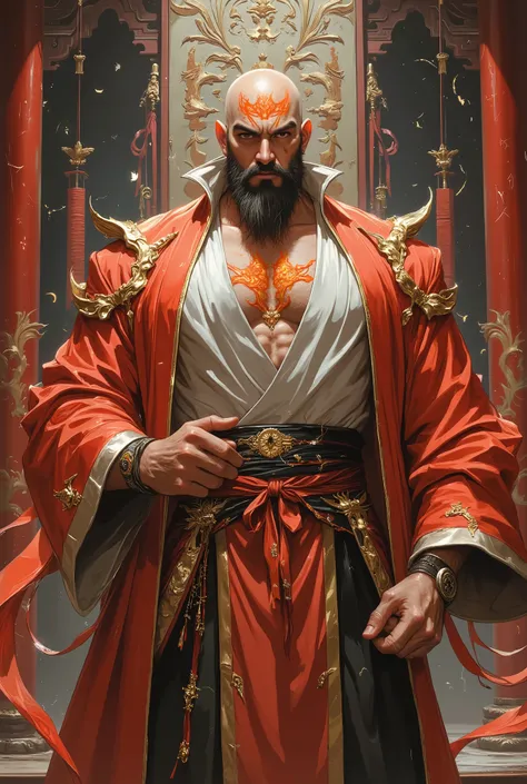 Masterpiece digital painting, hyper-detailed modern Chinese fantasy comic art style. A bald, middle-aged man with a full, thick beard, fierce, bold eyebrows, and intense, expressive, large round eyes. His face is adorned with intricate, glowing flame-shape...