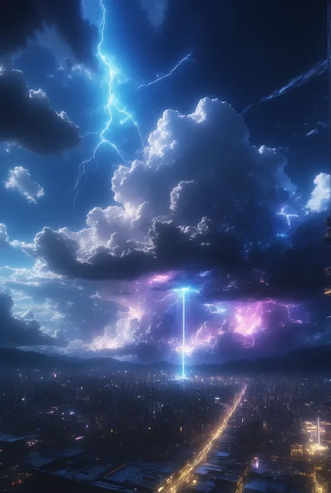 cyberpunk vibeStanding Black Clouds、Thunderspars、32k、Detailed Description of Clouds、Cumulonimbus、Airborne Passage,Sparkling Light HighlightsLight、Beautiful Night Sky、Star Sparkle,最高傑作、ハイクオリティ