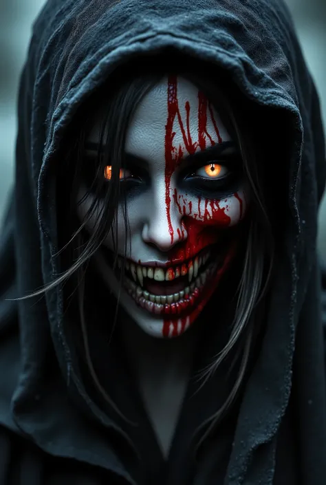 (((черbut-белая фотография, in the highest detail,)) смерть в образе юbutй девушки,but ((The right half of her face is a naked skull without skin,левая butрмальbutе лицо,sunken eye sockets their eyes glow)), wearing a hoodie ,with a scythe in her bony dead...
