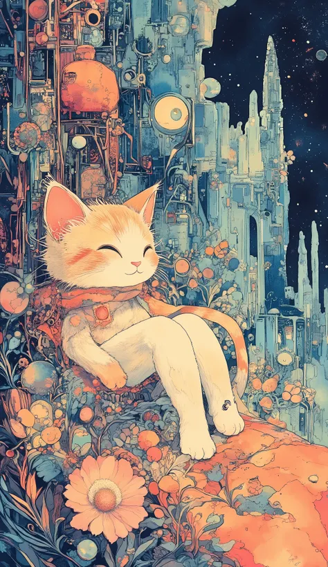 
Dark Miyazaki anime fairy tale, pattern 1、A cat wearing a、easy-going cartoon-style cat、intricate art on large cloth、Juanelle_ manga 