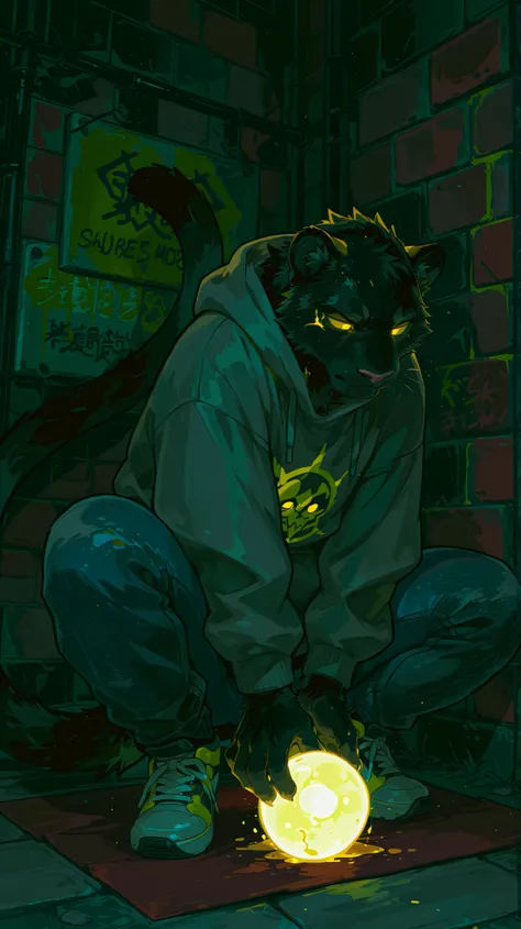 A panther furry with pitch-black fur that absorbs light and has an oil-glossy sheen, standing tall, lean, and muscular with defined muscle striations visible through the clothing, featuring a sharp facial structure with an angular jawline and dangerous sli...