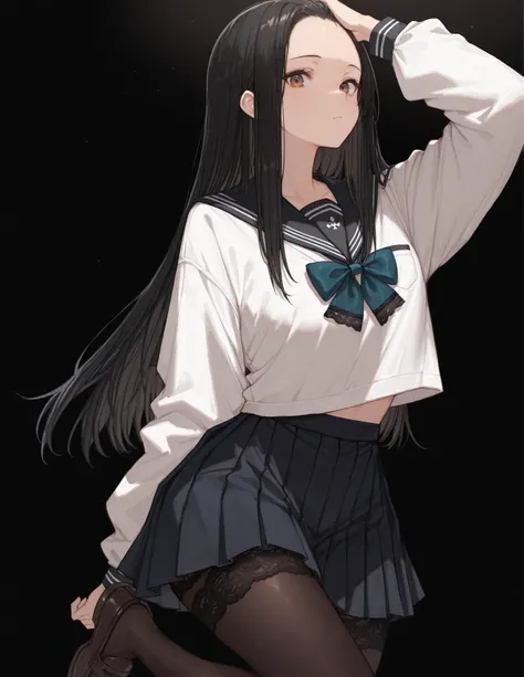 Shelley Gee, (masterpiece, top quality, High precision in selection: 1.2), , Alone, (masterpiece, best quality:1.2), baltolomeobari , Kiyomi , (1girl, solo), (long black hair, STRAIGHT HAIR, Forehead), brown eyes, (Serofu, lace fabricセーラー服)、bow tie、cowboy...